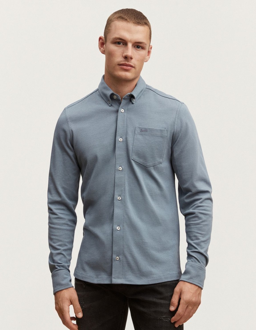 Heren Denham Overhemden | Bridge-Shirt Van Zwaar Katoenjersey - Slim Fit Vuursteenblauw