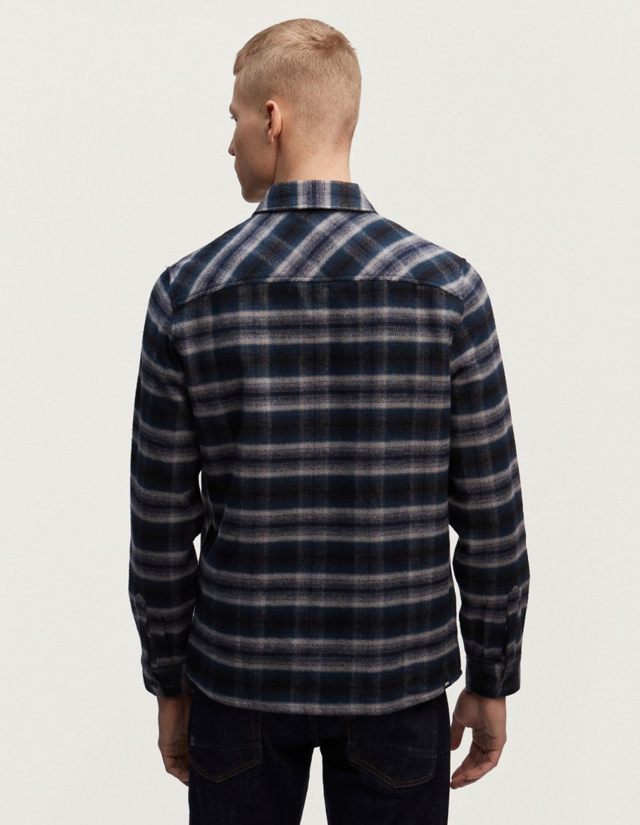 Heren Denham Overhemden | Brook Zip Overshirt Geruit Flanel - Normale Pasvorm Donkere Saffier