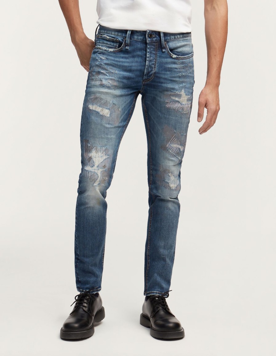 Heren Denham Jeans | Bolt Biologisch Katoen Zware Reparatie - Skinny Fit Middenblauw