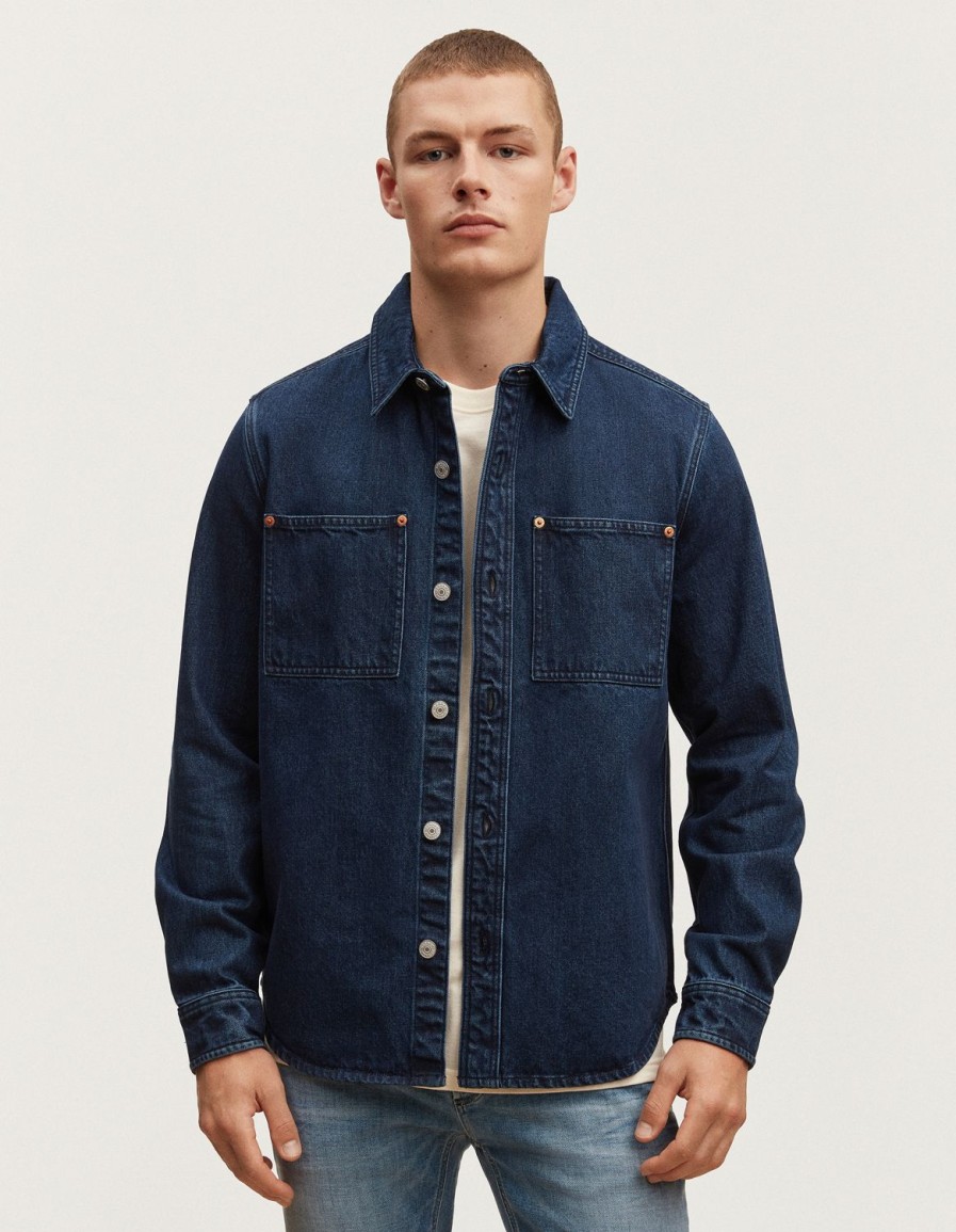 Heren Denham Overhemden | Burton Overshirt Stone Wash Denim - Normale Pasvorm Middenblauw