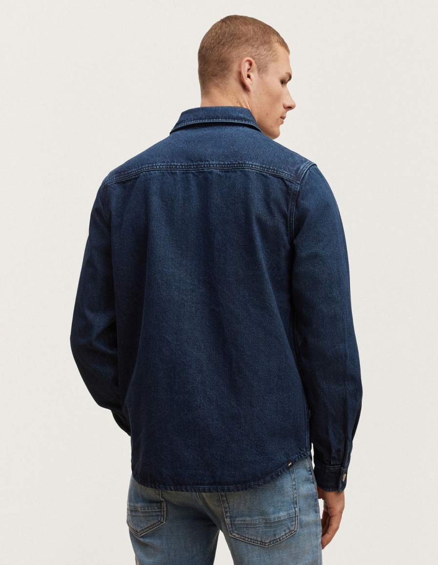 Heren Denham Overhemden | Burton Overshirt Stone Wash Denim - Normale Pasvorm Middenblauw