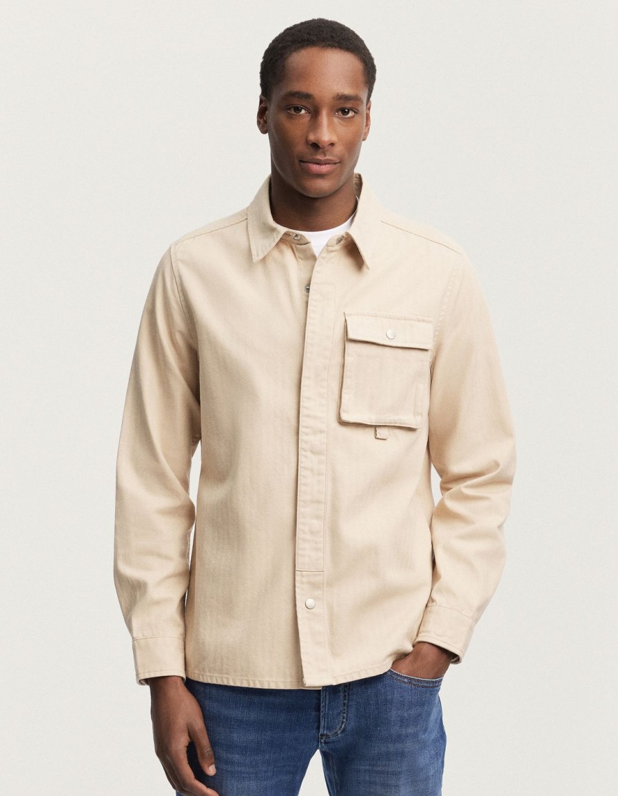 Heren Denham Overhemden | Teton Overshirt Katoen Visgraat - Normale Pasvorm Keperbeige