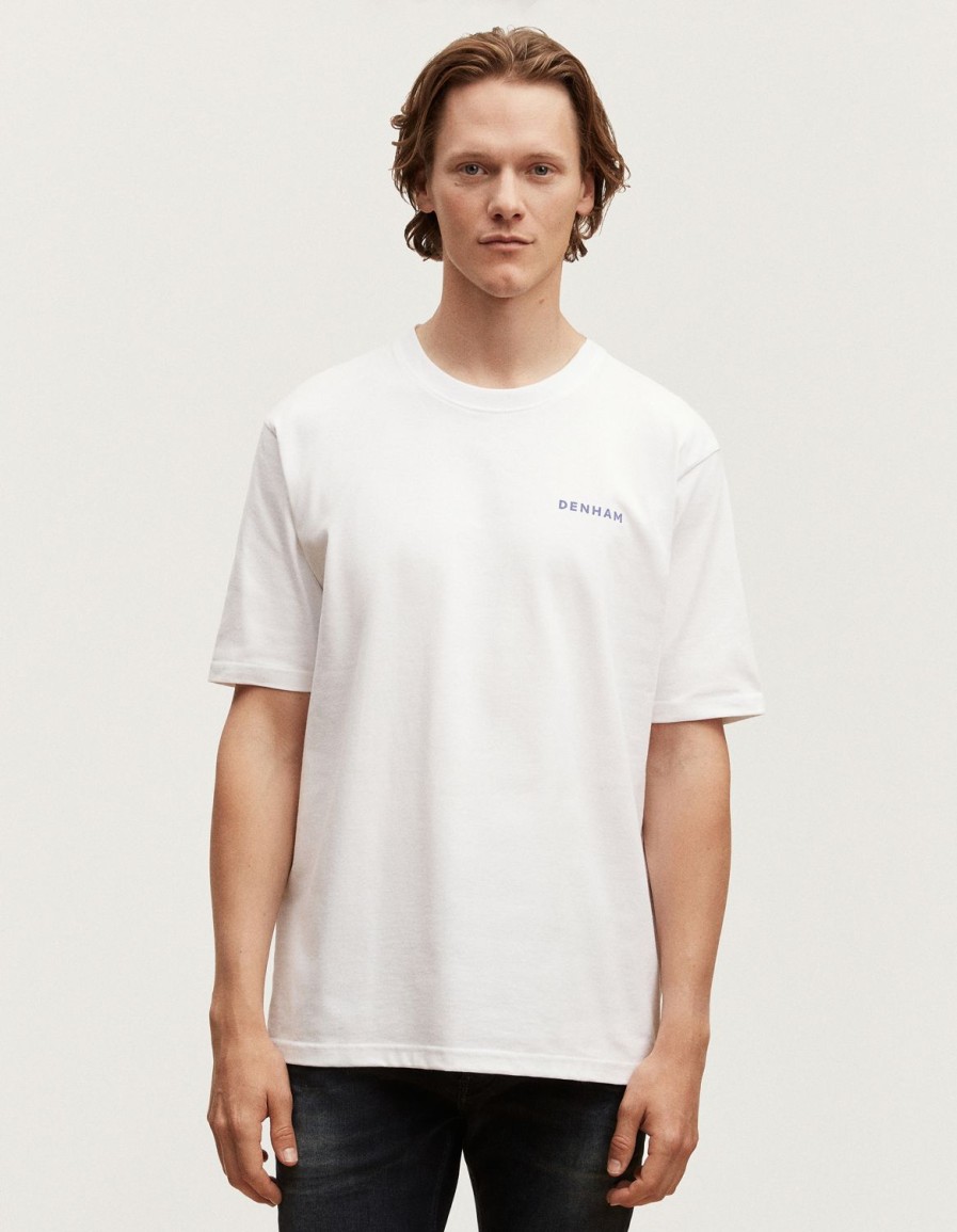 Heren Denham T-Shirts | Aqua Indigo T-Shirt Van Zwaar Katoenjersey - Ontspannen Pasvorm Wit