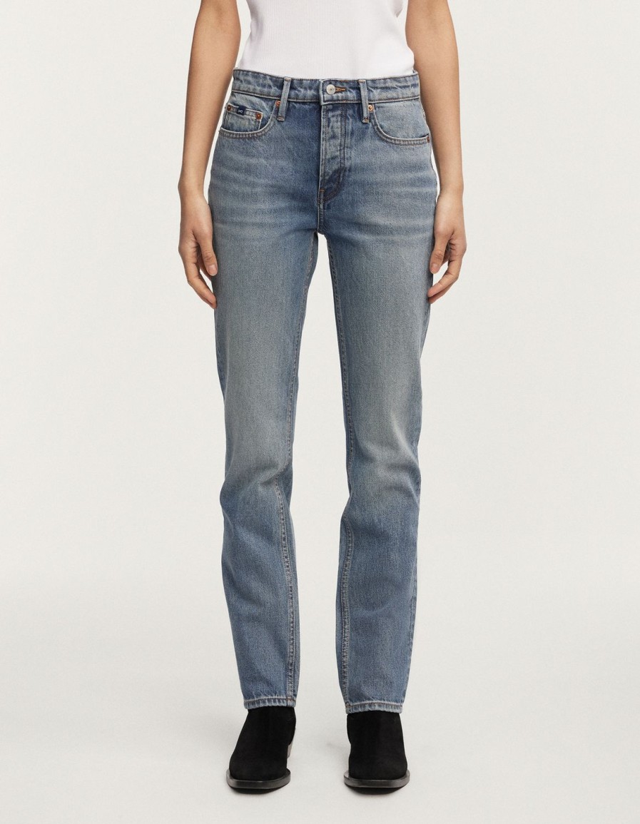 Vrouwen Denham Jeans | Mizuki Stone Wash Authentiek Blauw - Rechte Pasvorm Middenblauw