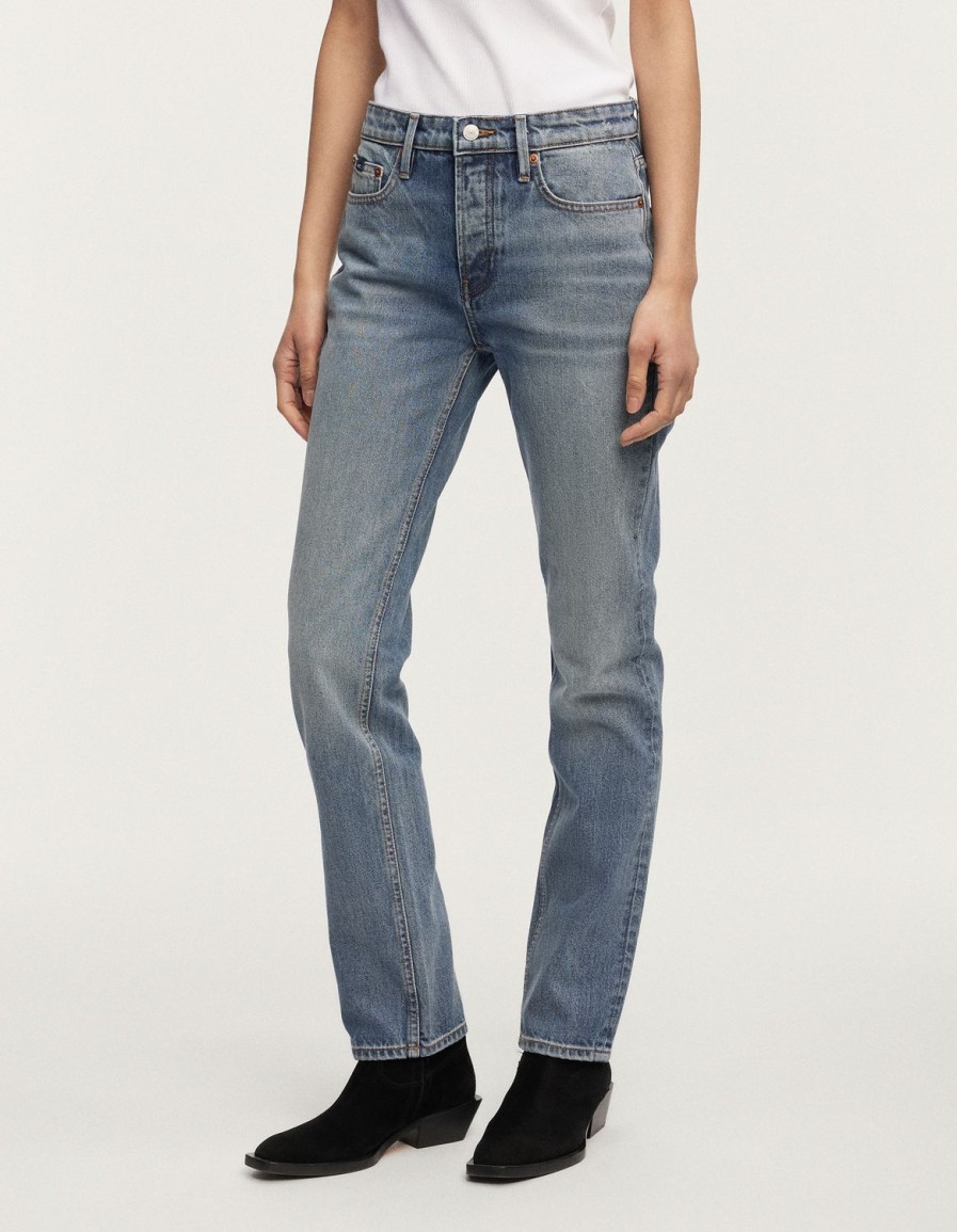 Vrouwen Denham Jeans | Mizuki Stone Wash Authentiek Blauw - Rechte Pasvorm Middenblauw