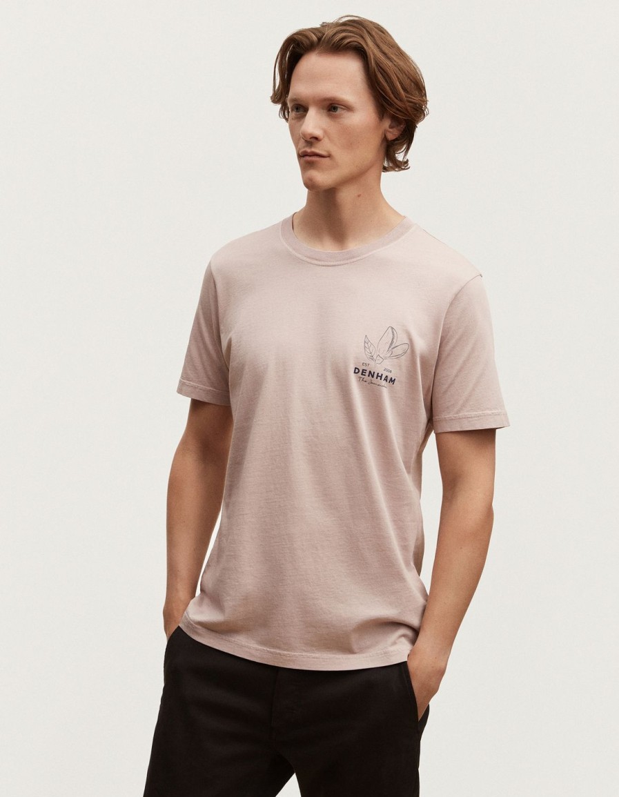 Heren Denham T-Shirts | Indigo Flower T-Shirt Modal Jersey - Slim Fit Fawn Roze