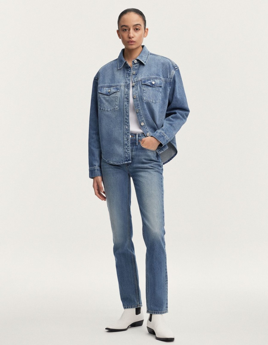 Vrouwen Denham Overhemden | Hanako Denim Overhemd Lichte Wassing - Oversized Pasvorm Middenblauw