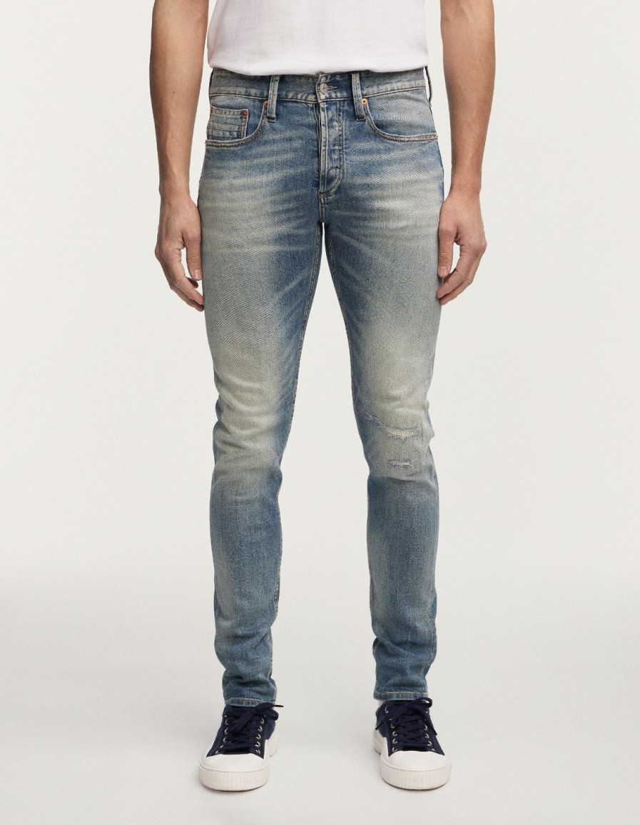 Heren Denham Jeans | Bolt Selvedge Blauwe Versleten Reparatie - Skinny Pasvorm Middenblauw