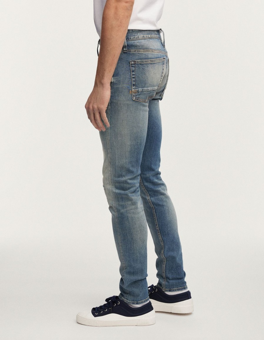 Heren Denham Jeans | Bolt Selvedge Blauwe Versleten Reparatie - Skinny Pasvorm Middenblauw