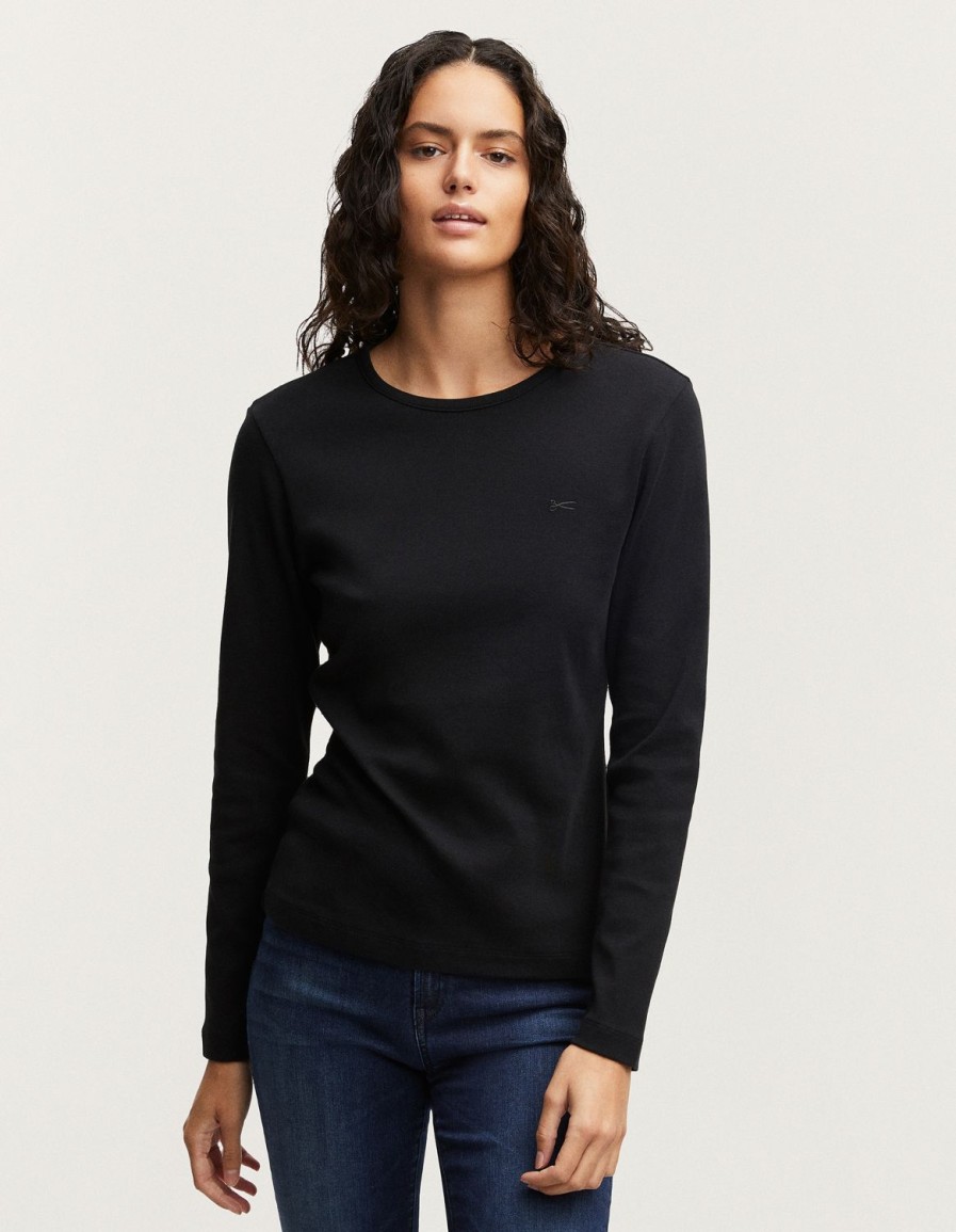 Vrouwen Denham T-Shirts | Ruby Ls Tee Ribkatoenjersey - Slim Fit Zwart